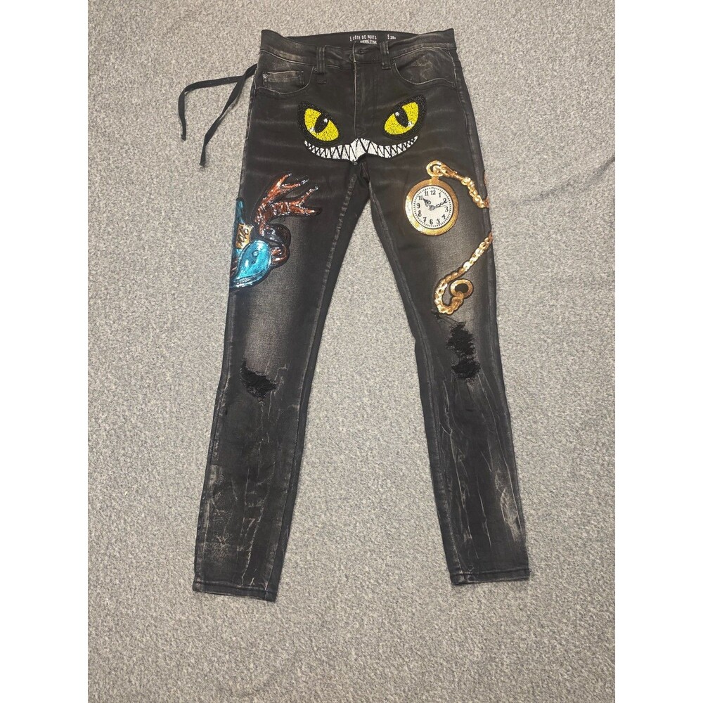 Cote De Nuits Jeans Men Size 30X32 Blac Denim Sequin Designer Preme Ojos De Gato
